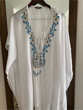 White Beaded V-Neck Swim Coverup with Turquoise Accents